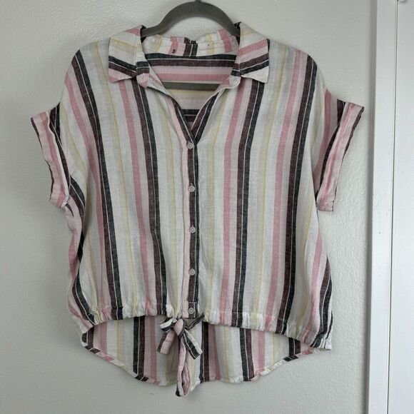 Sanctuary Tops - Sanctuary Striped Shirt Womens Large Button Up White Pastel Linen Tie Front